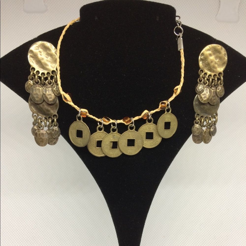 Antique Gold Metal Earrings/Coin Bracelet-Costume